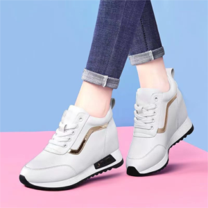 Tenis De Mujer Con Plataforma Oculta Sneakers De Plataforma Blanco Linea Dorada 27 Mx