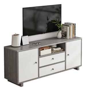 Mueble Tv Gran Espacio 2 Puertas 2 Armarios Minimalista Gris Con Blanco