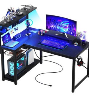 Escritorio Gamer Led Con Puertos Carga Textura Fibra Carbono Negro