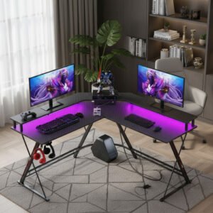 Escritorio Gamer En L Luces Led Mesa Moderna De Trabajo Negro