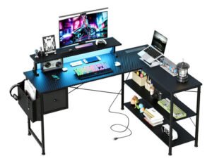Escritorio Gamer En L Con Led Y Estantes Almacenaje Negro