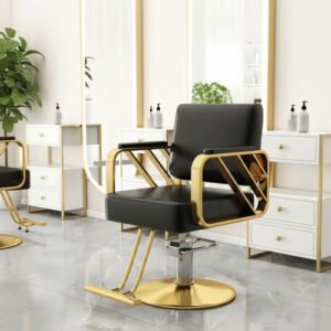 Silla De Peluquería Estética Genérica Con Respaldo Ajustable Negro Y Dorado Fijo Redonda