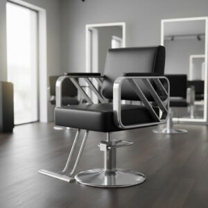 Silla De Peluquería Estética Genérica Con Respaldo Ajustable Negro Y Plata Fijo Redonda