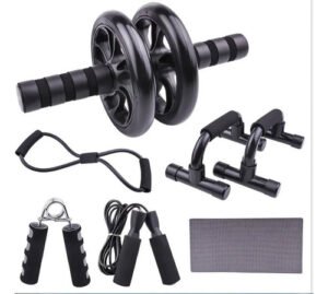 Kit Rodillo Abdominal Barras Push-up Cuerda Ejercitador Mano Azul