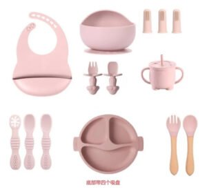 Set De Cubiertos Para Bebés Silicona Plato Antideslizante Azul Claro