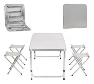 Mesa Plegable Portafolio Hogar 120cm Ajustable Sillas Tela Blanco
