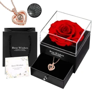 Set de Rosa Eterna Roja con Collar Te Amo para Mujer