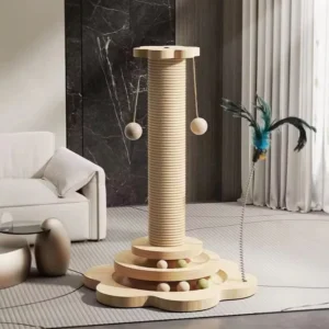 rascador para gato de madera con juguetes giratorios