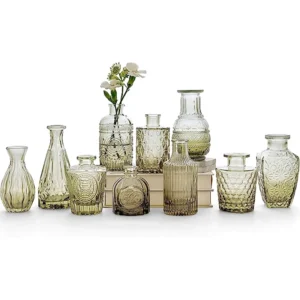 set de 12 floreros de vidrio verde decorativos pequeños