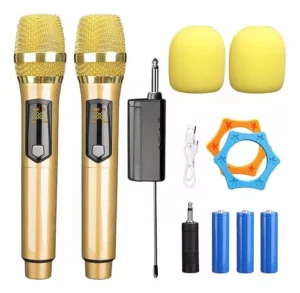 Set 2 micrófonos inalámbricos karaoke recargables dorados