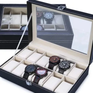 Caja organizadora para 12 relojes con tapa de vidrio