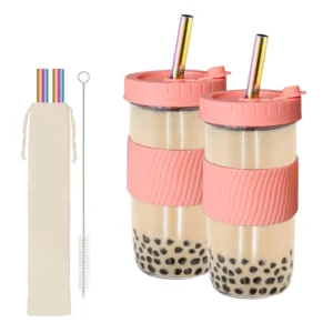Set 2 vasos boba tea con popote y funda reutilizable