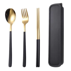 Set cubiertos viaje acero inoxidable negro dorado estuche
