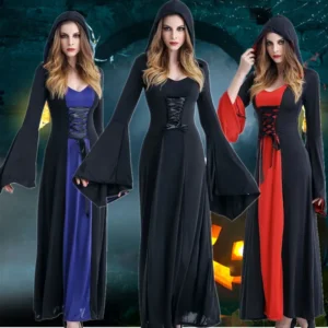 Disfraz de bruja medieval mujer negro rojo con capucha