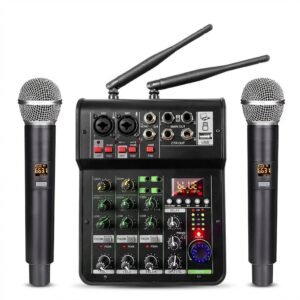 Mezcladora de audio 4 canales 2 micrófonos inalámbricos