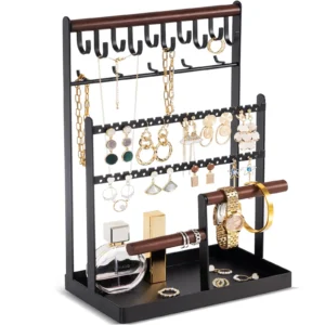 Organizador de joyería con ganchos y charola negro