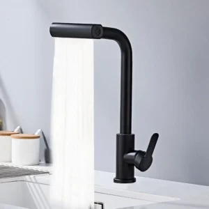 Llave de cocina negra cascada giratoria acero inox