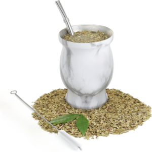 set vaso marmol con bombilla de acero inoxidable