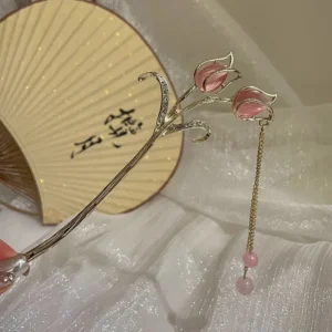 Palillo horquilla para cabello flor tulipan rosa con borlas chino